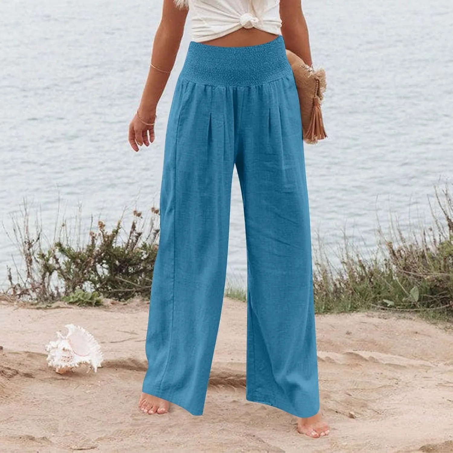 Womens Wide Leg Linen Pants Summer Palazzo Pant Smocked Elastic Waist Loose Pants Baggy Trouser with Pockets (S-XXL)