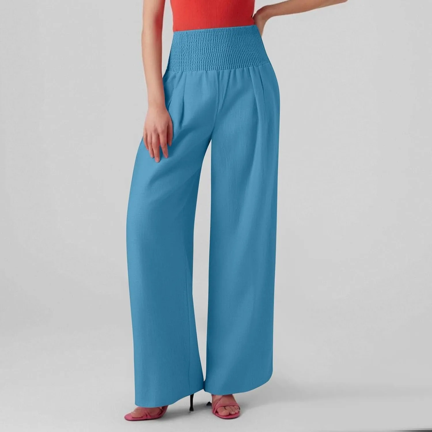 Womens Wide Leg Linen Pants Summer Palazzo Pant Smocked Elastic Waist Loose Pants Baggy Trouser with Pockets (S-XXL)