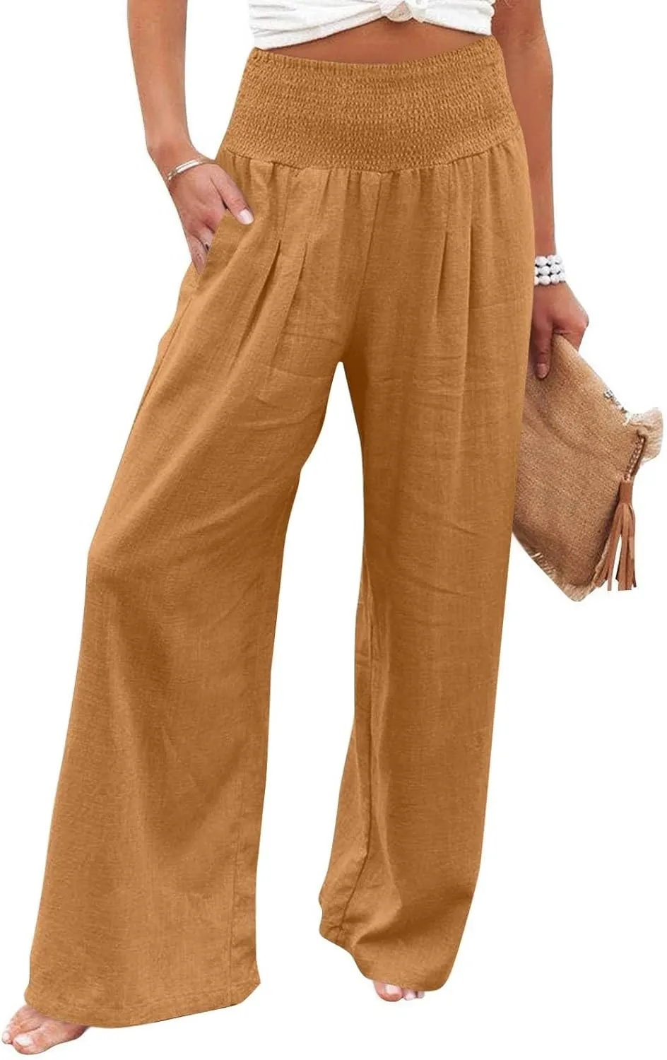 Womens Wide Leg Linen Pants Summer Palazzo Pant Smocked Elastic Waist Loose Pants Baggy Trouser with Pockets (S-XXL)
