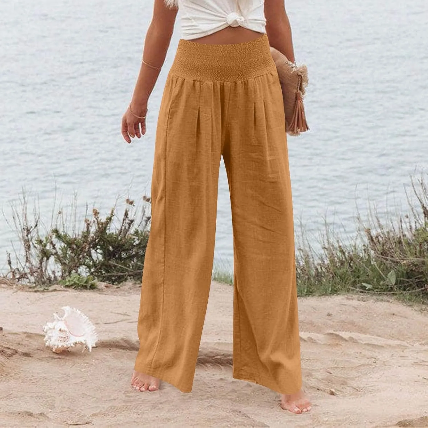 Womens Wide Leg Linen Pants Summer Palazzo Pant Smocked Elastic Waist Loose Pants Baggy Trouser with Pockets (S-XXL)
