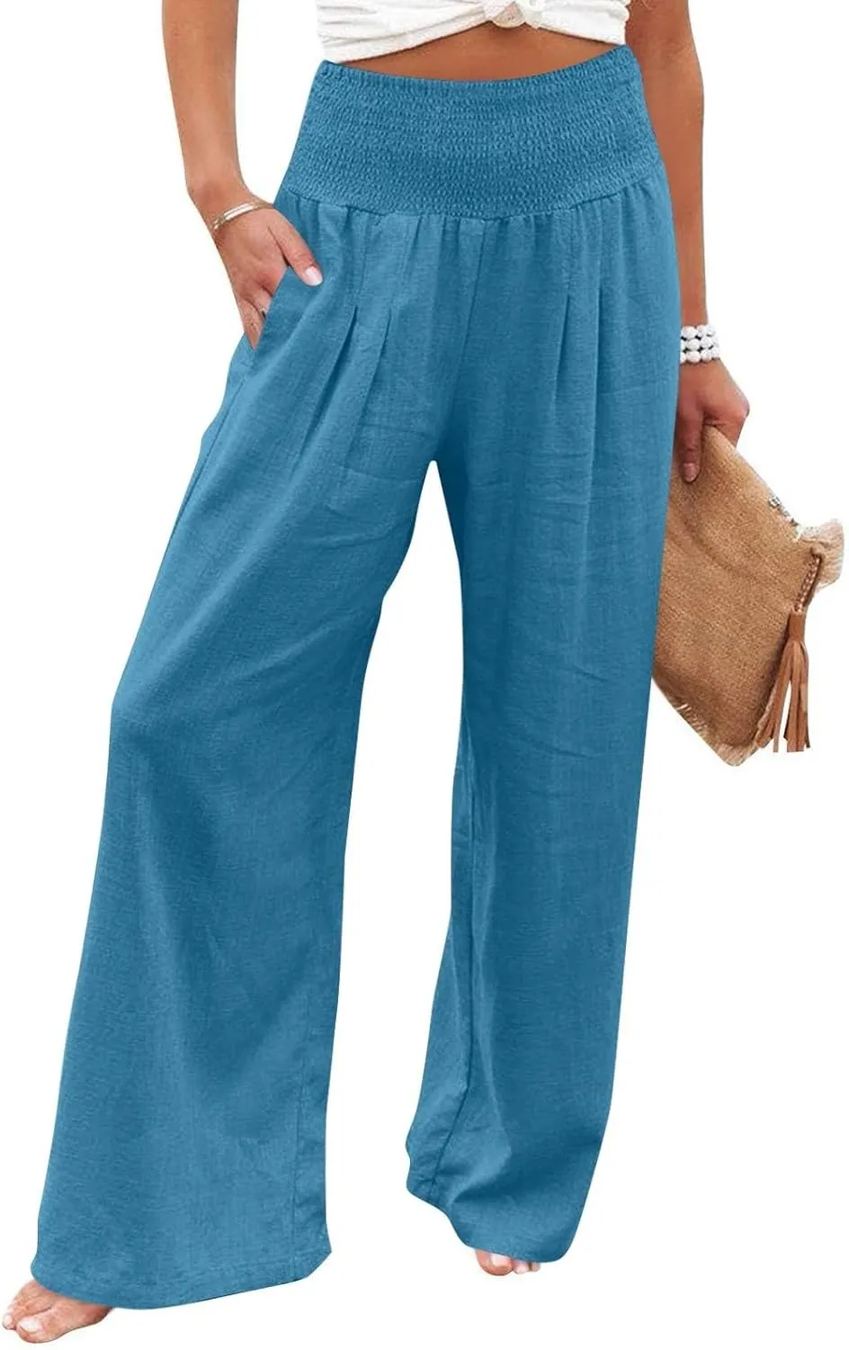 Womens Wide Leg Linen Pants Summer Palazzo Pant Smocked Elastic Waist Loose Pants Baggy Trouser with Pockets (S-XXL)