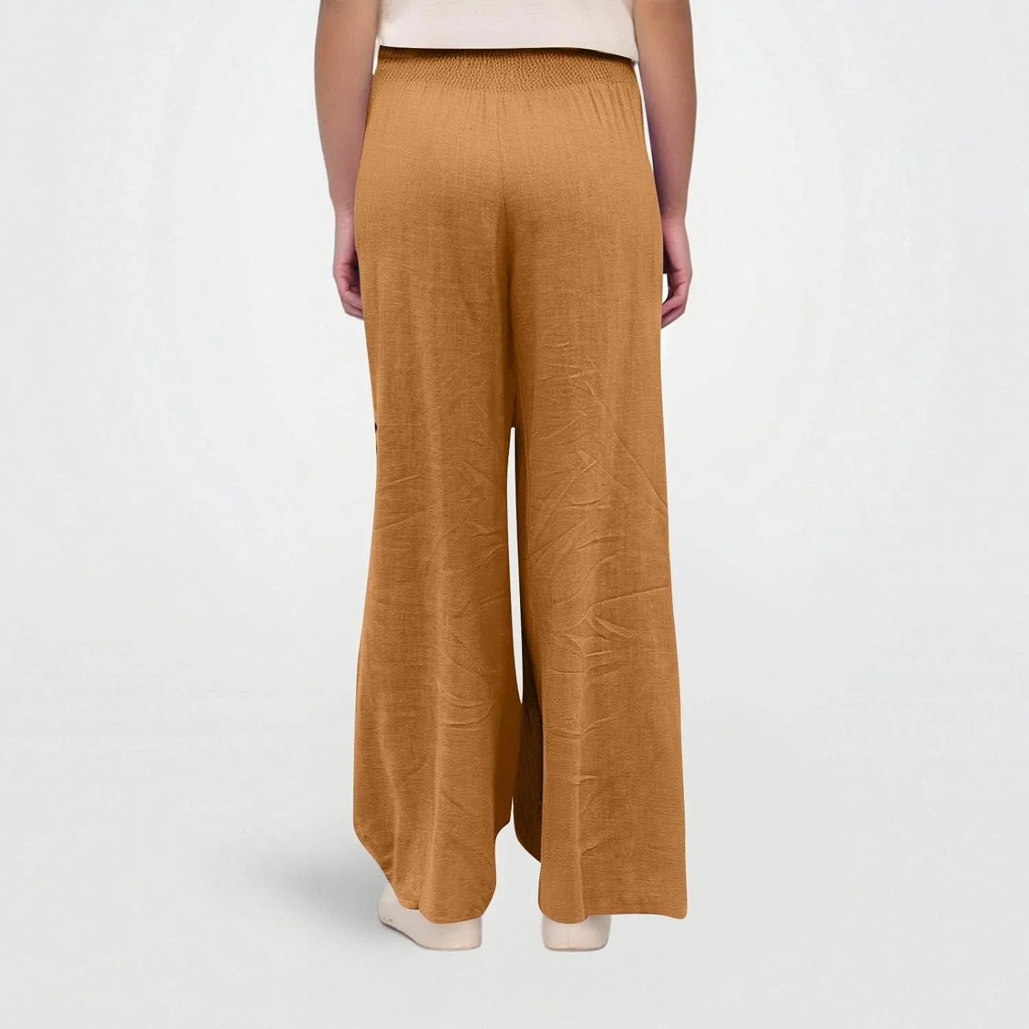 Womens Wide Leg Linen Pants Summer Palazzo Pant Smocked Elastic Waist Loose Pants Baggy Trouser with Pockets (S-XXL)