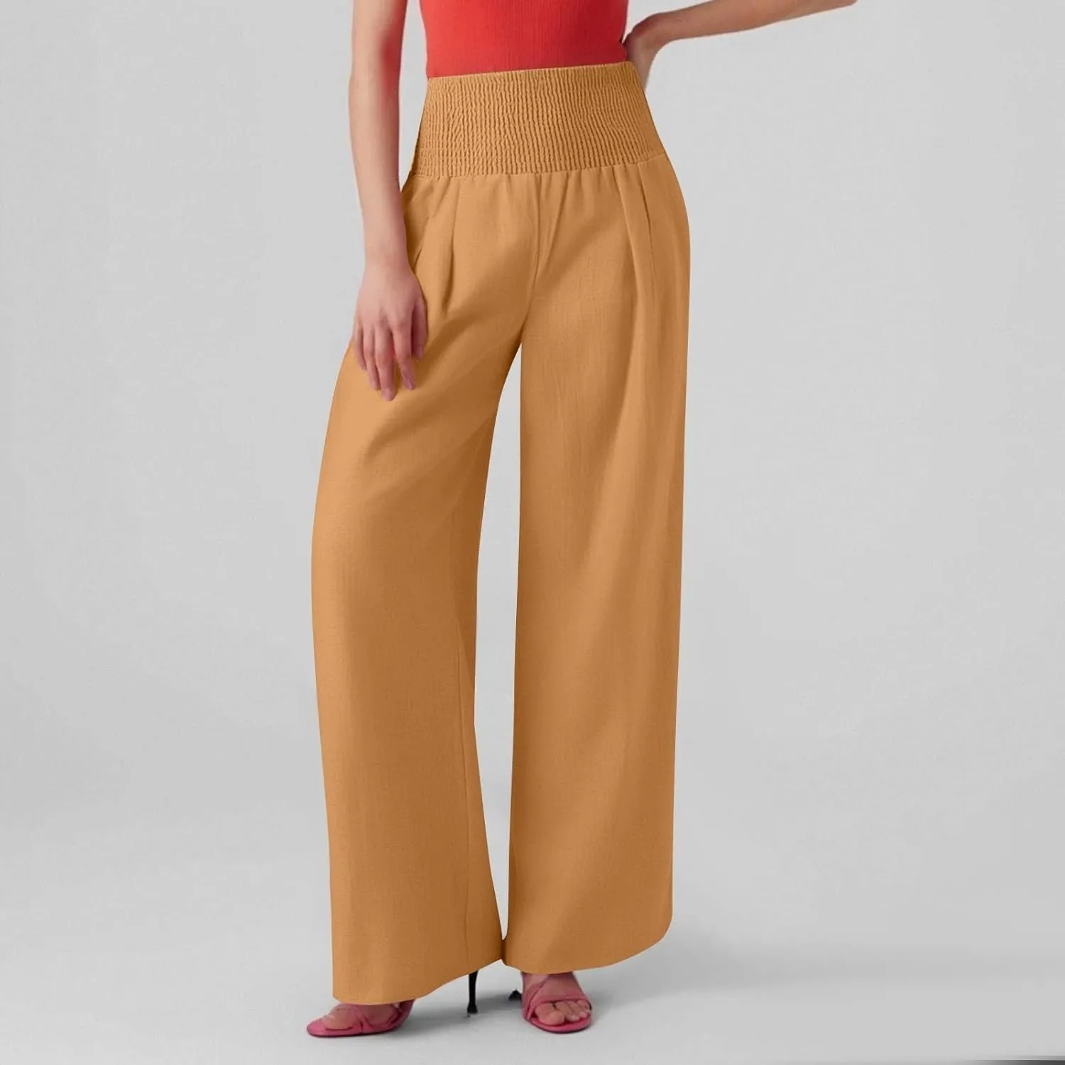Womens Wide Leg Linen Pants Summer Palazzo Pant Smocked Elastic Waist Loose Pants Baggy Trouser with Pockets (S-XXL)