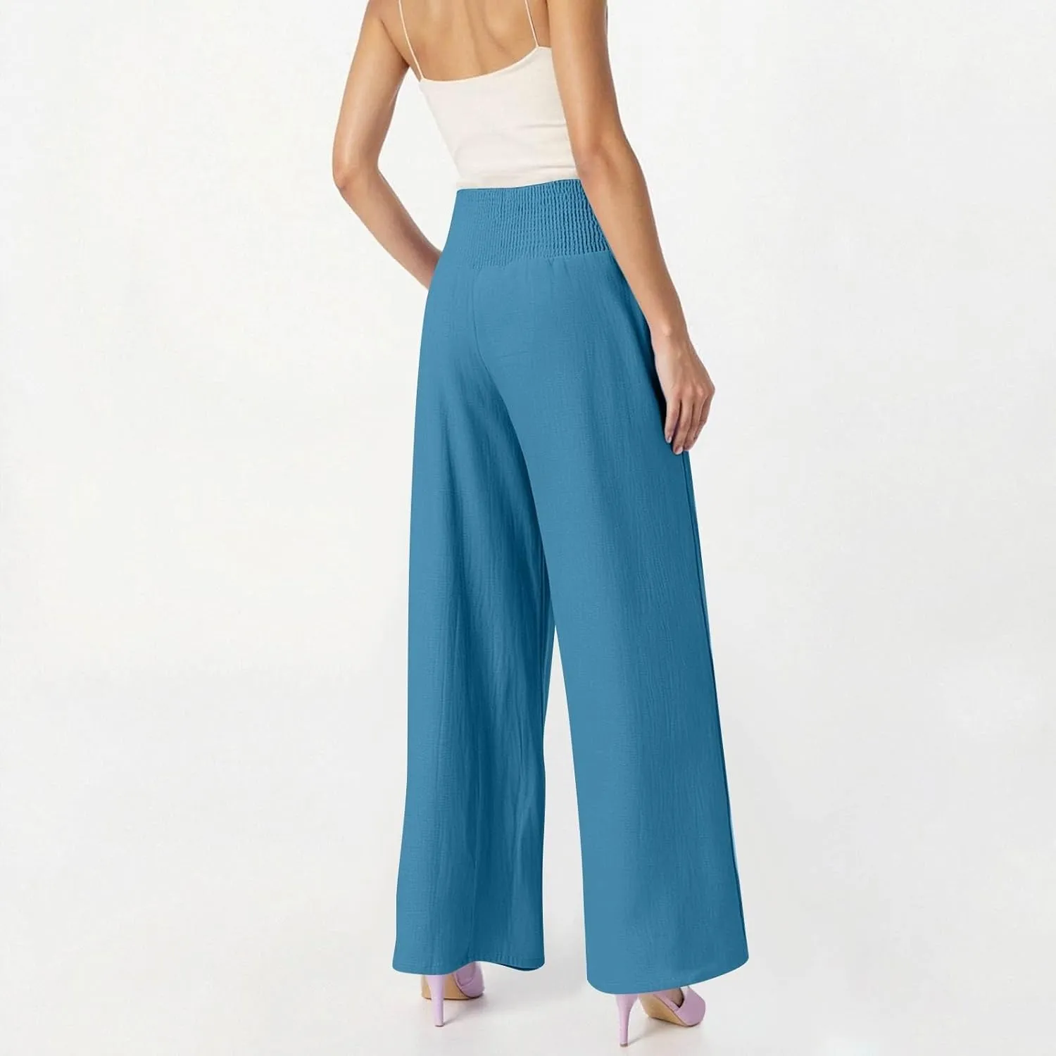 Womens Wide Leg Linen Pants Summer Palazzo Pant Smocked Elastic Waist Loose Pants Baggy Trouser with Pockets (S-XXL)