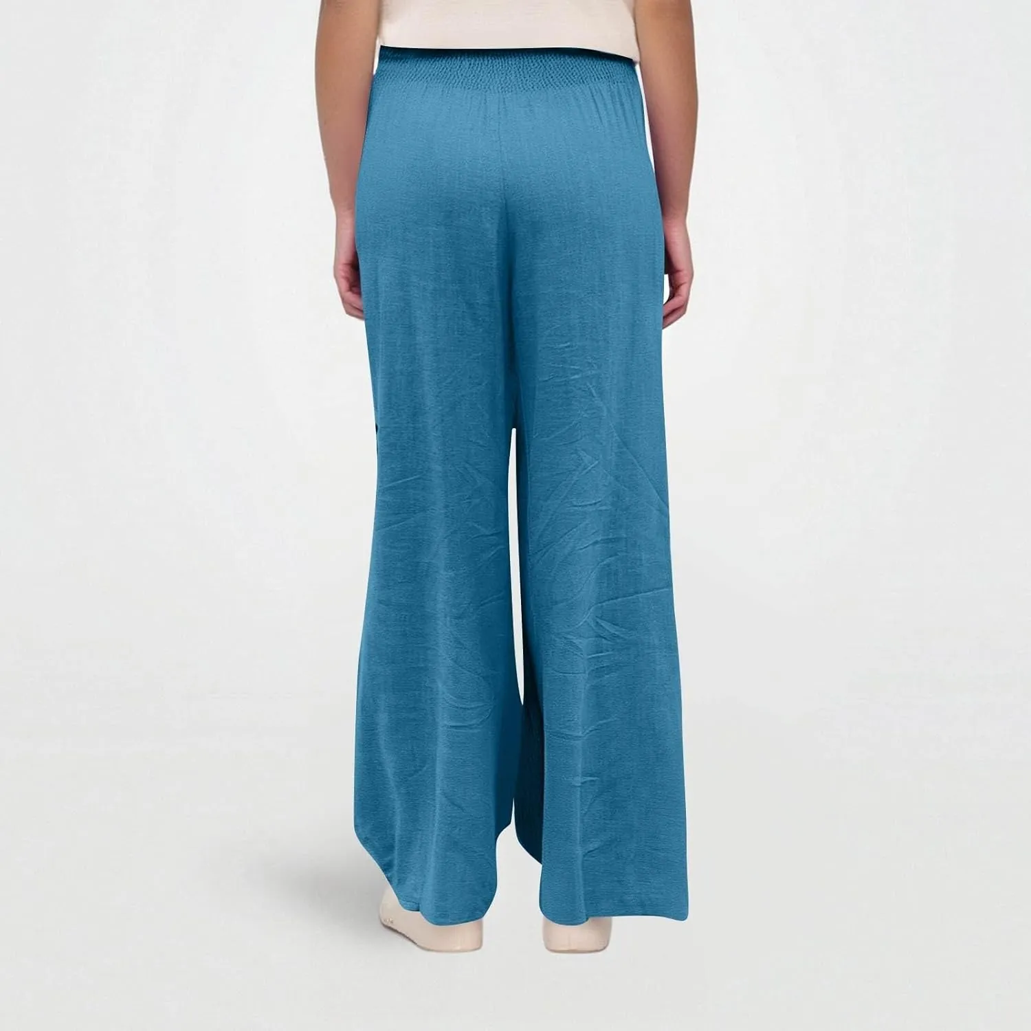 Womens Wide Leg Linen Pants Summer Palazzo Pant Smocked Elastic Waist Loose Pants Baggy Trouser with Pockets (S-XXL)