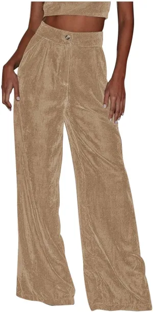 Womens Wide Leg Pants High Waist Corduroy Trousers Fall Winter Suede Button Temperament Elegant Commuting Casual Pant