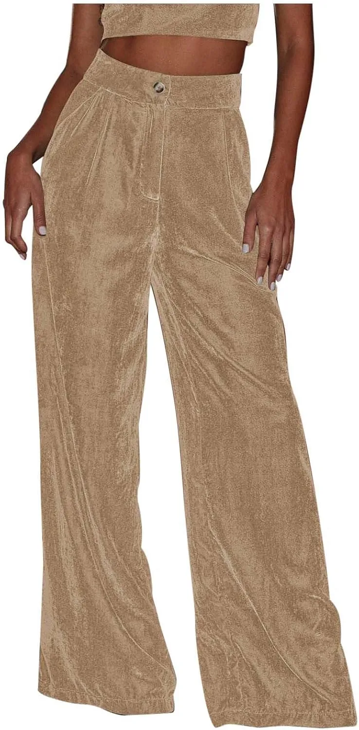 Womens Wide Leg Pants High Waist Corduroy Trousers Fall Winter Suede Button Temperament Elegant Commuting Casual Pant