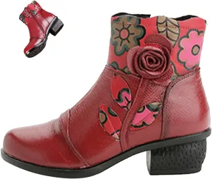 Women's Winter Colorblock Sunflower Leather Boots,Vintage Comfy Waterproof Chunky Block Zip Soft Dress Short Ankle Booties