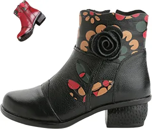 Women's Winter Colorblock Sunflower Leather Boots,Vintage Comfy Waterproof Chunky Block Zip Soft Dress Short Ankle Booties