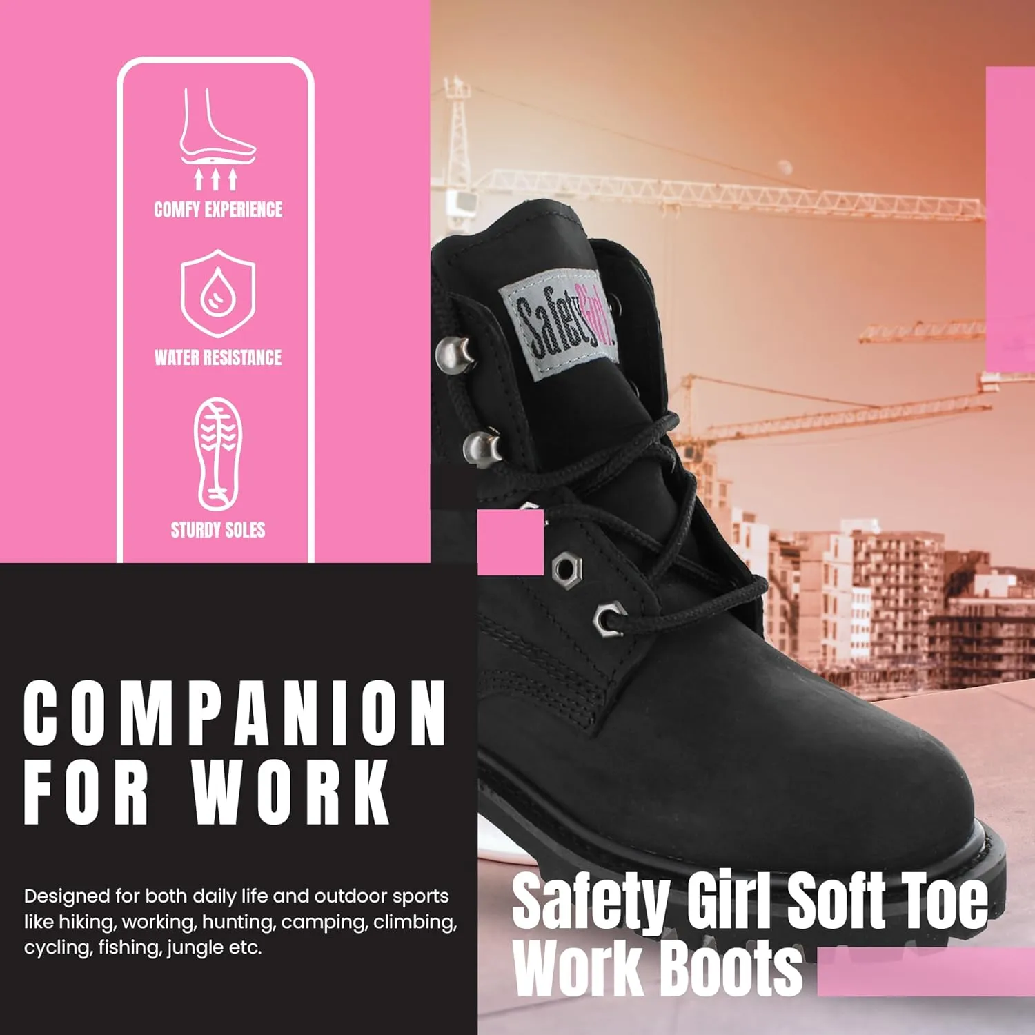 Womens Work Boots | Waterproof Leather Work Boots for Women | Oil & Slip-Resistant Soft Toe Boots for Women | Premium Nubuck Leather | Lightweight and Comfortable | Black Leather - 8M