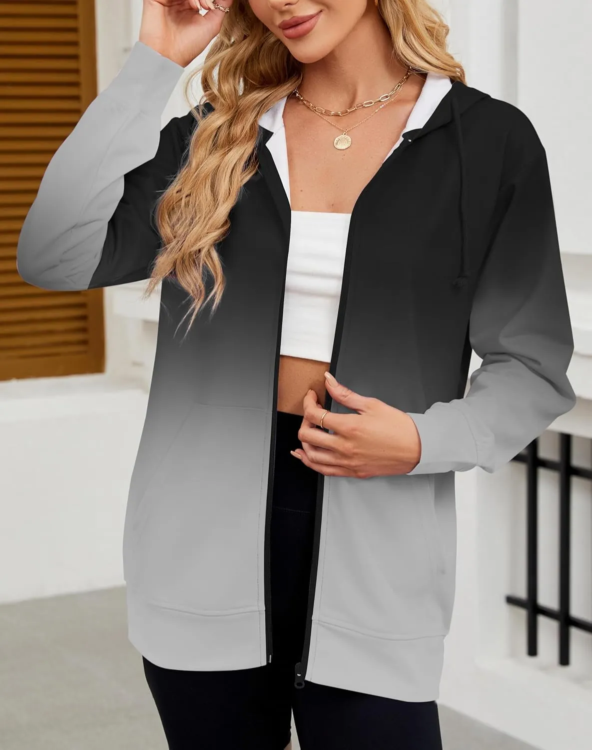 Women's Zip Up Hoodies Long Sleeve Sweatshirts Fall Outfits Casual Oversized Full Zip Hooded Jacket 2025 Fashion