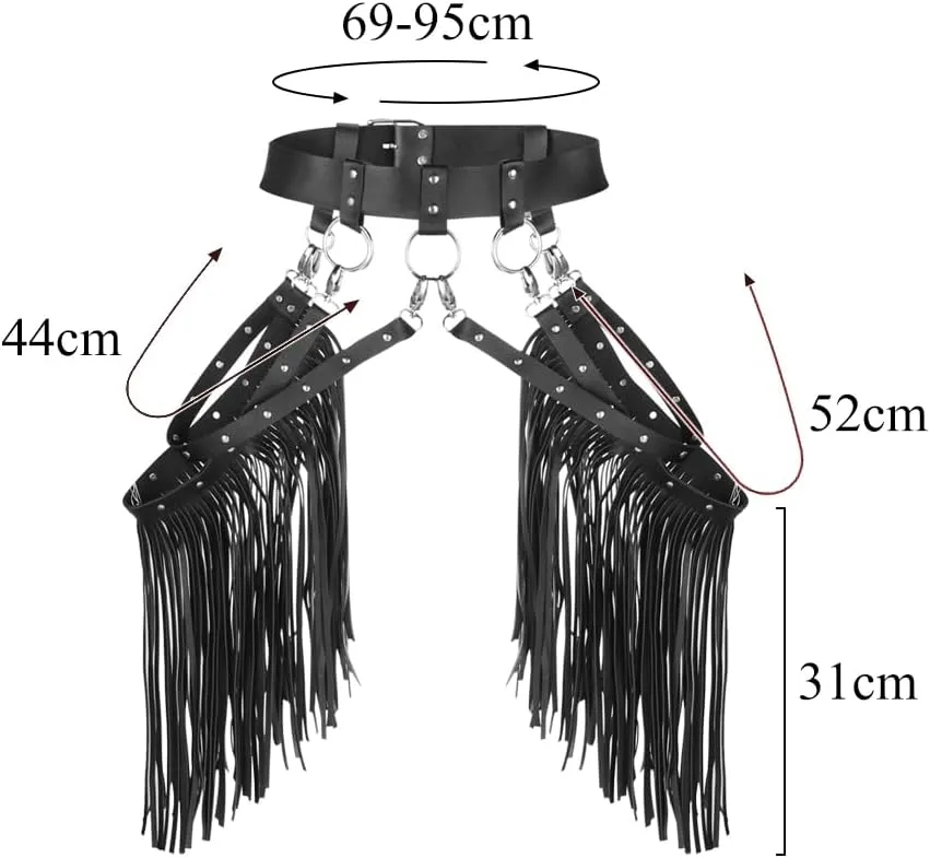 XGOPTS Women Leather Tassel Fringe Belt Gothic Tassel Waist Belt Western Punk Skirt Belts Body Cage Harness Cinch Belt, Black