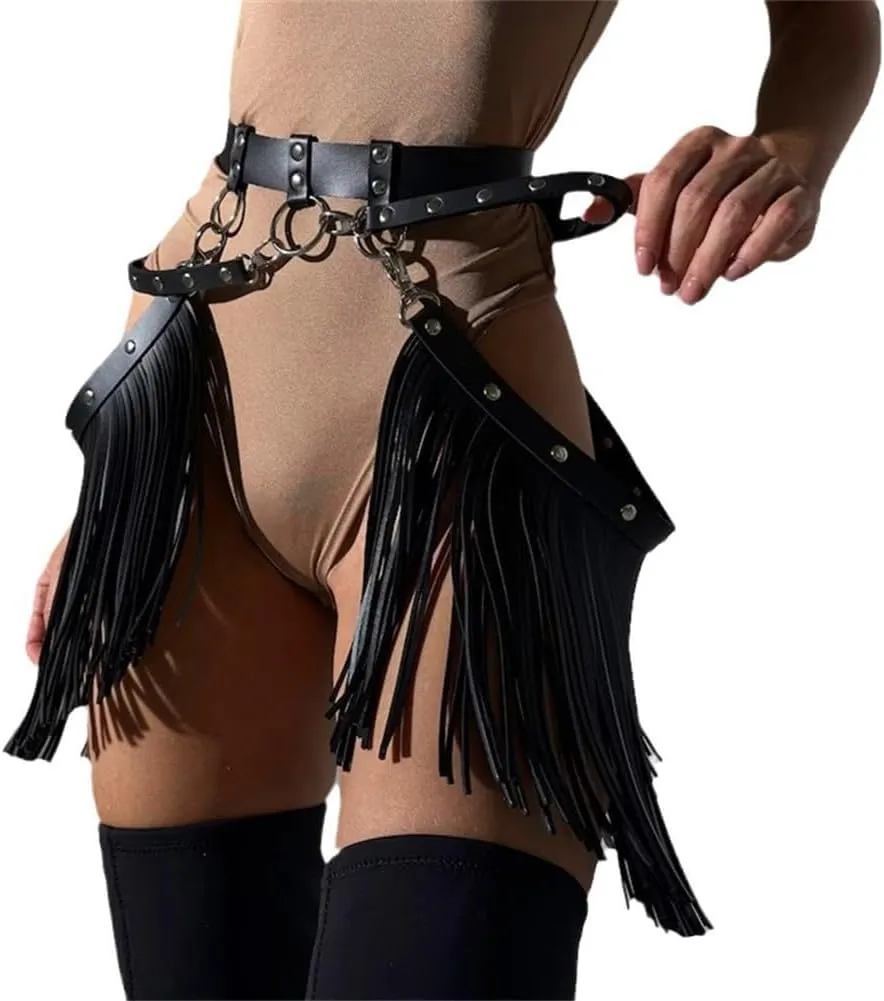 XGOPTS Women Leather Tassel Fringe Belt Gothic Tassel Waist Belt Western Punk Skirt Belts Body Cage Harness Cinch Belt, Black