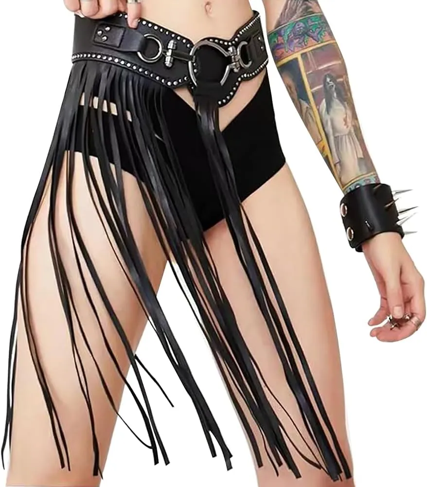 XGOPTS Women Leather Tassel Fringe Belt Gothic Tassel Waist Belt Western Punk Skirt Belts Body Cage Harness Cinch Belt, Black