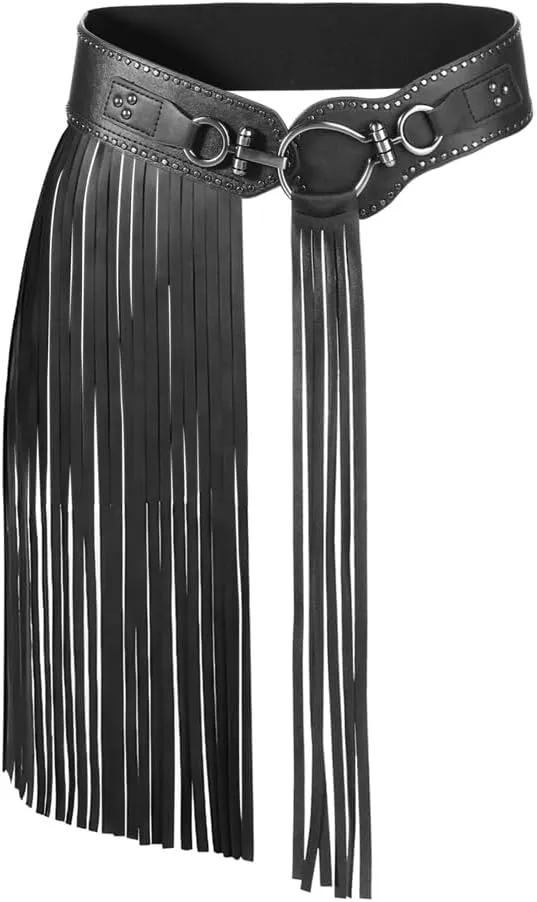 XGOPTS Women Leather Tassel Fringe Belt Gothic Tassel Waist Belt Western Punk Skirt Belts Body Cage Harness Cinch Belt, Black