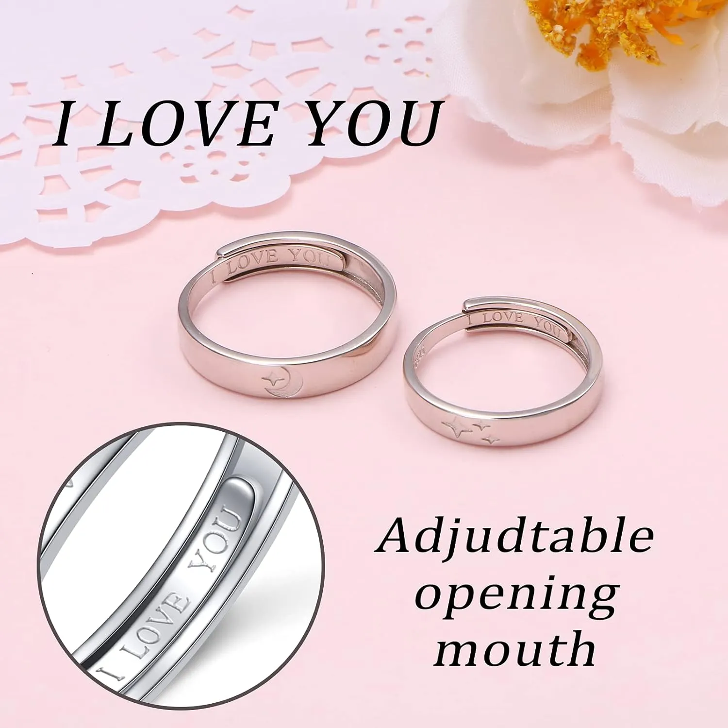 Yearace Couple Rings, 925 Sterling Silver Promise Ring for Couples Romantic Love Couples Jewelry Gifts, Adjustable Engagement Wedding Ring for Him and Her