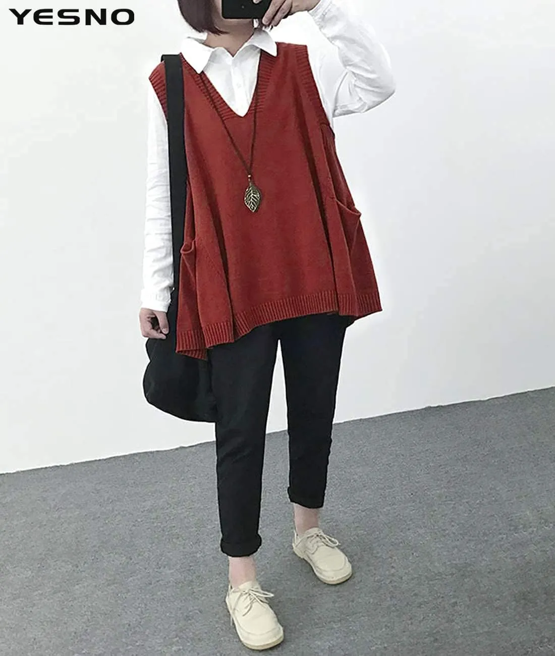YESNO Sweater Vest Women Loose Swing Cotton Cute Oversized Knit Pullover Sleeveless Sweater Tops with Drop Pockets WM9