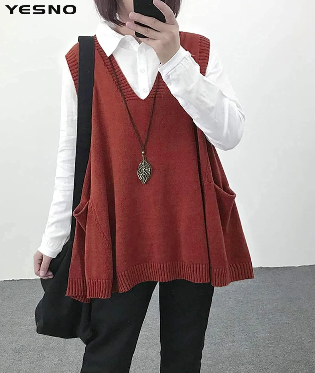 YESNO Sweater Vest Women Loose Swing Cotton Cute Oversized Knit Pullover Sleeveless Sweater Tops with Drop Pockets WM9