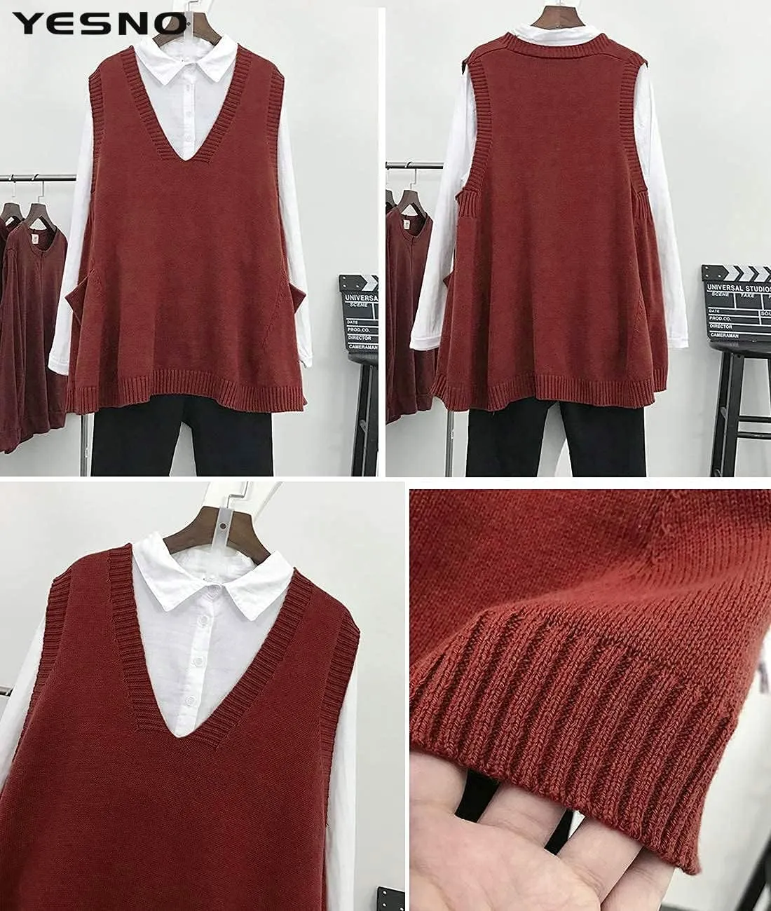 YESNO Sweater Vest Women Loose Swing Cotton Cute Oversized Knit Pullover Sleeveless Sweater Tops with Drop Pockets WM9