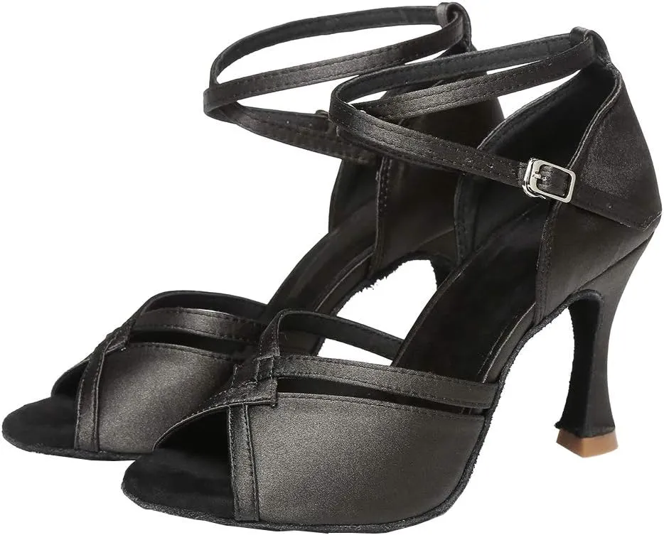 YKXLM Latin Ballroom Dance Shoes for Women Practice Dance Heels Performance Party Dance Shoes Peep-Toe, Black-8.5 Heel-5.5 US