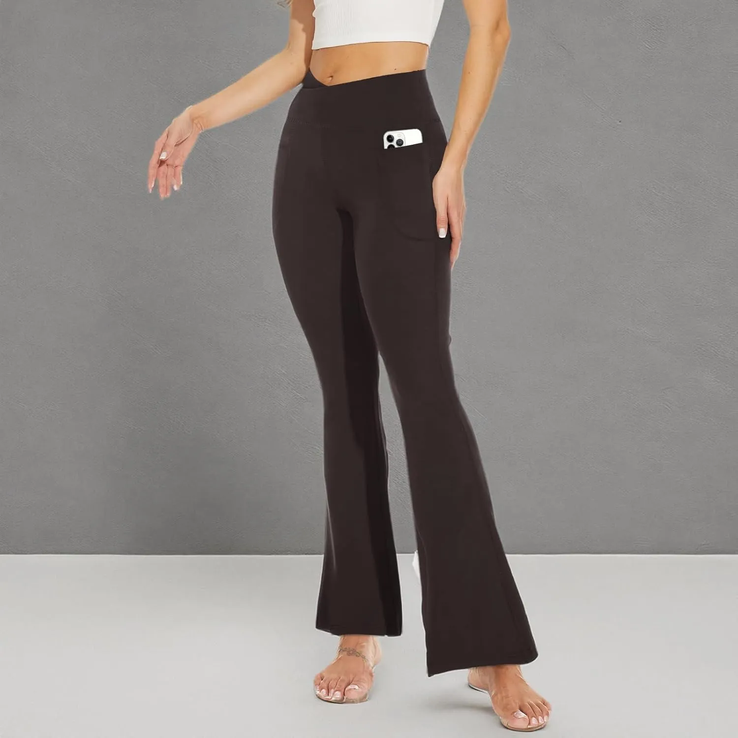 YOLIX Flare Leggings for Women with Pockets - Crossover High Waisted Black Flared Leggings for Yoga Gym Workout