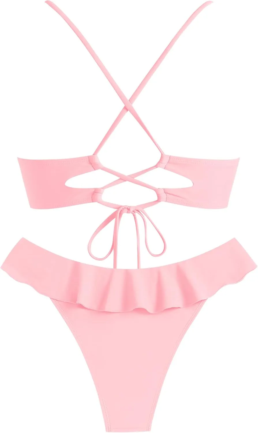 ZAFUL Ruffle Bikinis for Women Scoop Neck Swimsuits Lace Up Bikini Sets Padded Swimwear High Cut 2 Piece Bathing Suits