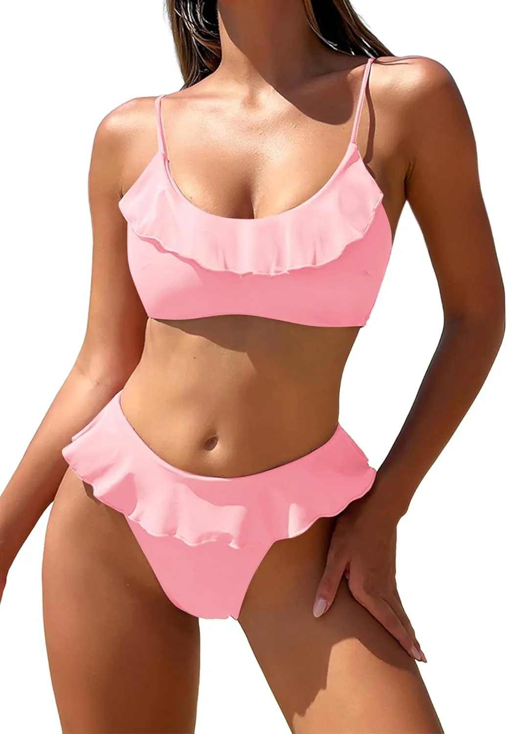 ZAFUL Ruffle Bikinis for Women Scoop Neck Swimsuits Lace Up Bikini Sets Padded Swimwear High Cut 2 Piece Bathing Suits