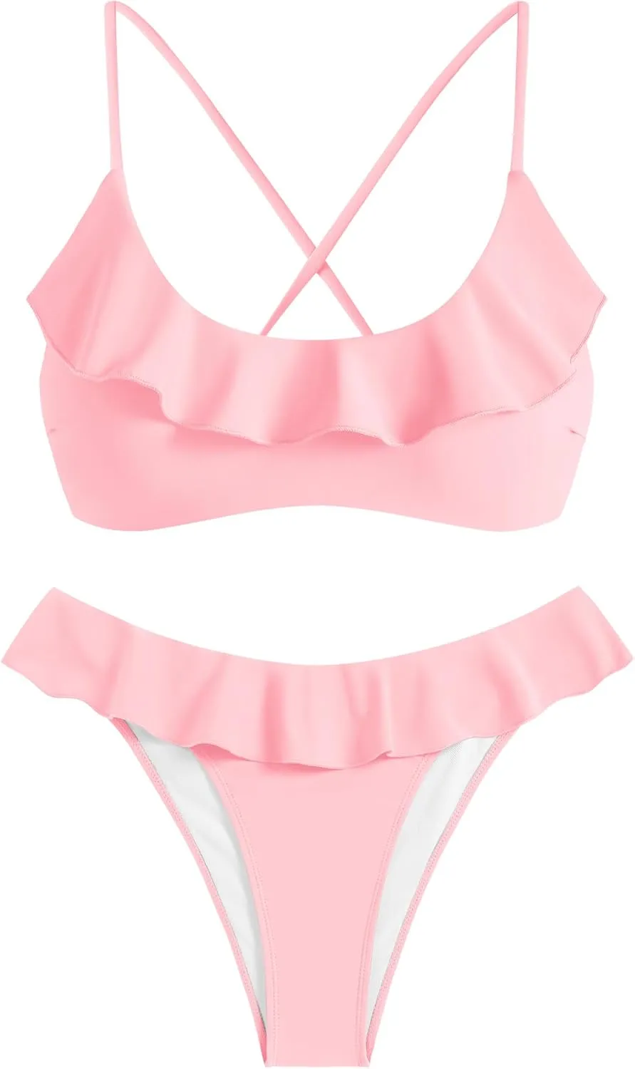 ZAFUL Ruffle Bikinis for Women Scoop Neck Swimsuits Lace Up Bikini Sets Padded Swimwear High Cut 2 Piece Bathing Suits