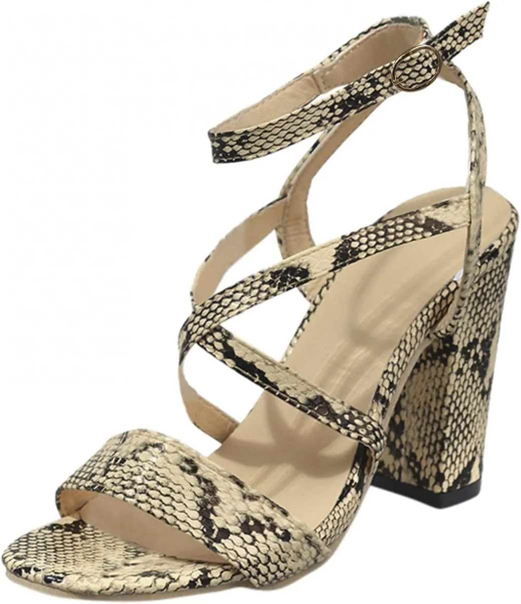 ZBYY Women's Open Toe Ankle Strap Chunky High Heel Sandals Dress Cross Strap Evening Party Snake Pattern Pump Shoes