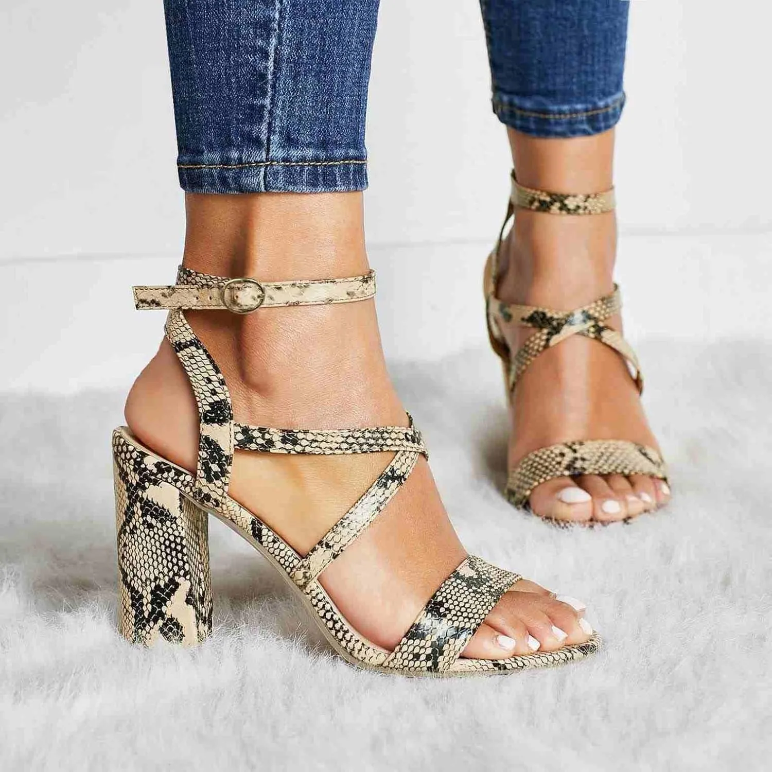 ZBYY Women's Open Toe Ankle Strap Chunky High Heel Sandals Dress Cross Strap Evening Party Snake Pattern Pump Shoes