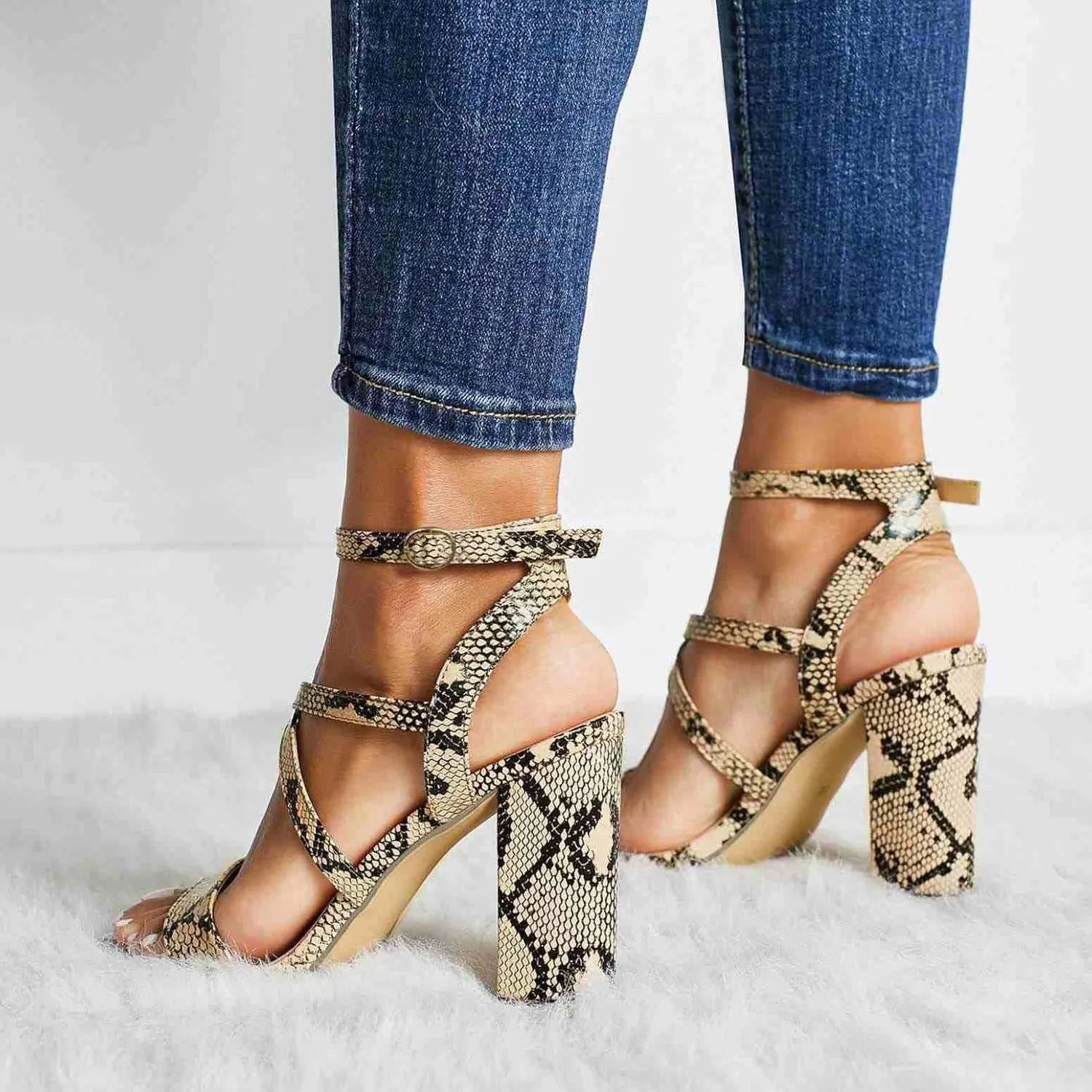 ZBYY Women's Open Toe Ankle Strap Chunky High Heel Sandals Dress Cross Strap Evening Party Snake Pattern Pump Shoes