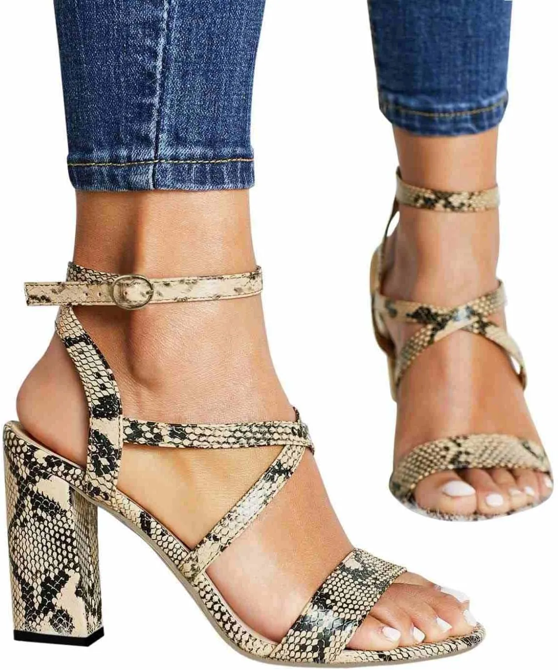 ZBYY Women's Open Toe Ankle Strap Chunky High Heel Sandals Dress Cross Strap Evening Party Snake Pattern Pump Shoes