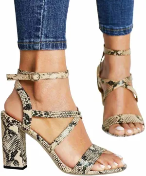 ZBYY Women's Open Toe Ankle Strap Chunky High Heel Sandals Dress Cross Strap Evening Party Snake Pattern Pump Shoes