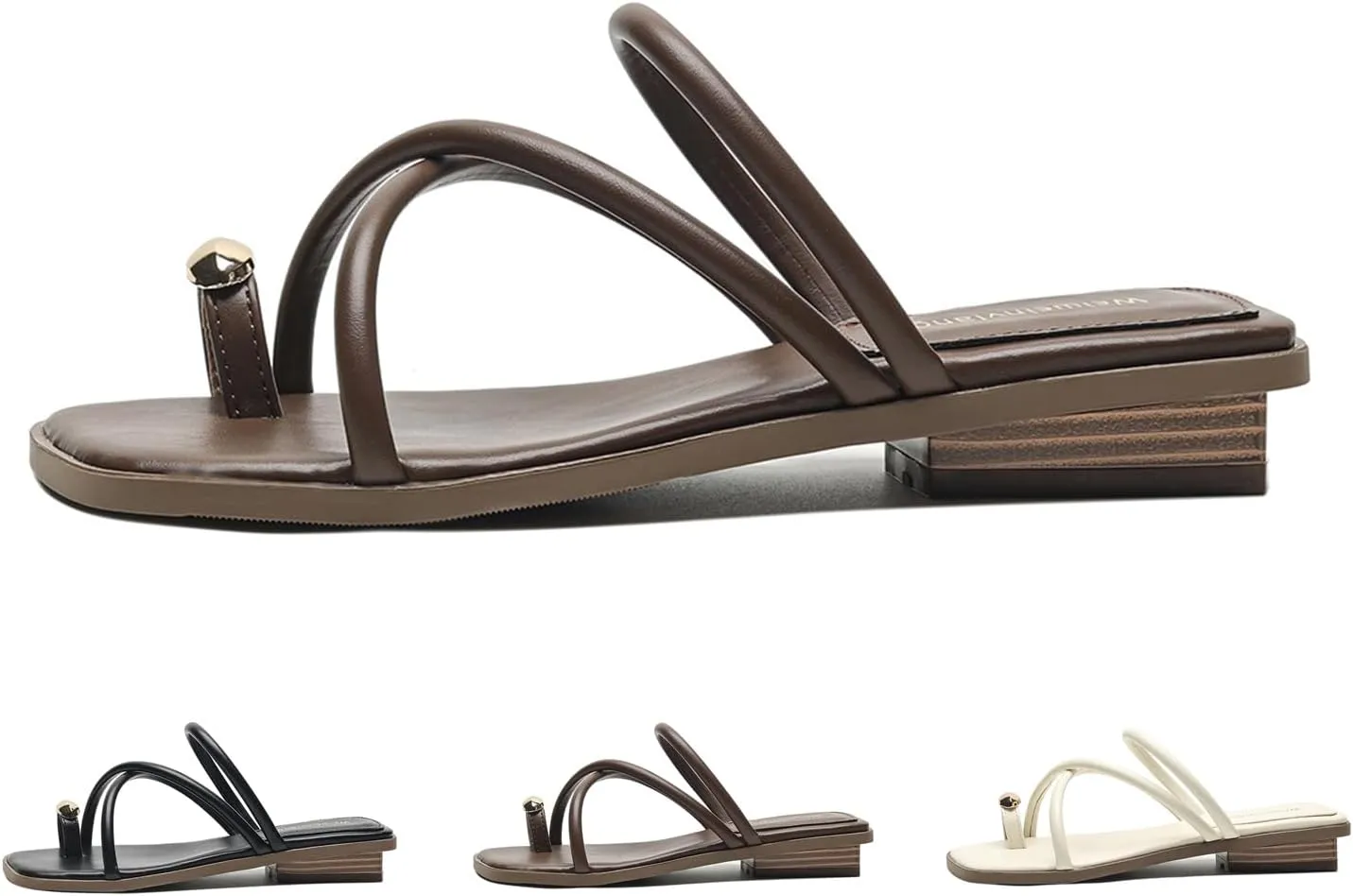 Zeberfi Women's Ring Toe Cross Strap Low Chunky Block Heel Sandals Fashion Square Toe Slip On Slide Sandals Summer Clip Toe Casual Beach Slippers