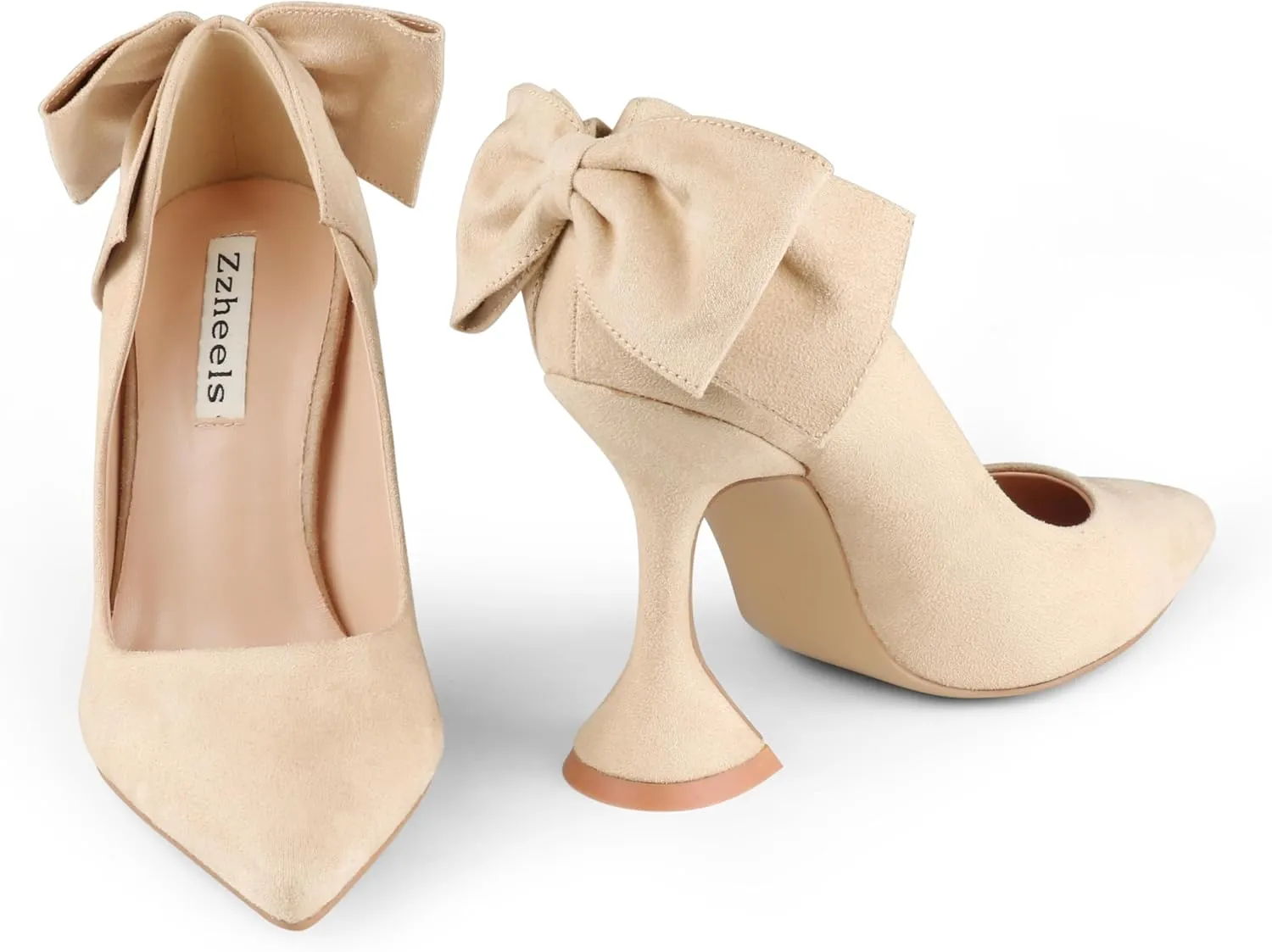 Zzheels Women's 3.74" Bow Pumps Pointed Toe Triangle Heel Pump Wedding Shoes